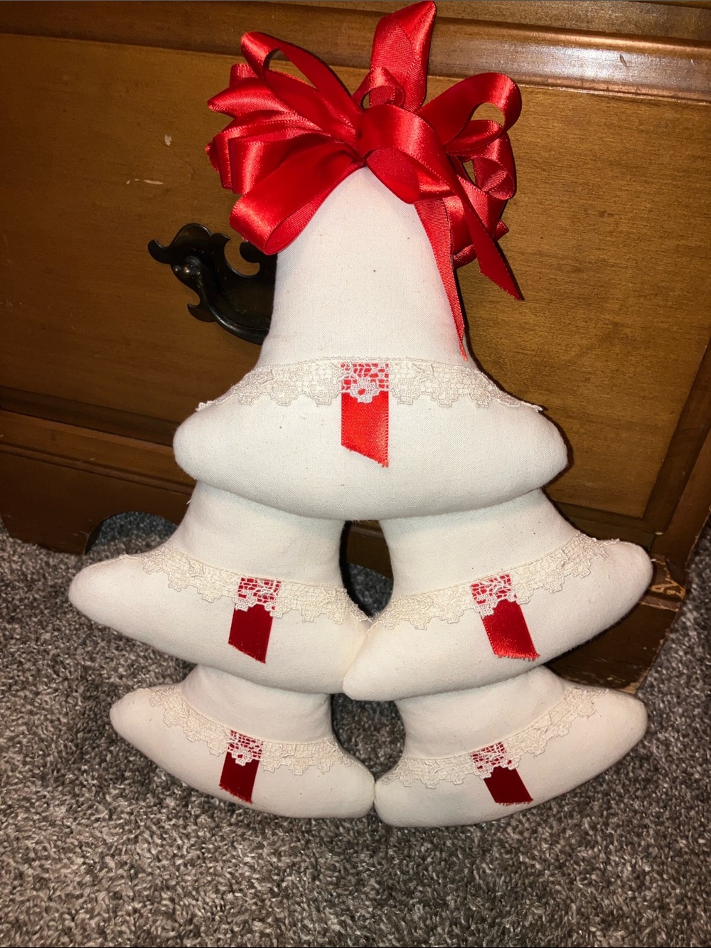 Cream Fabric Holiday Bell Fabric Wreath with Red Ribbon 14” Handmade